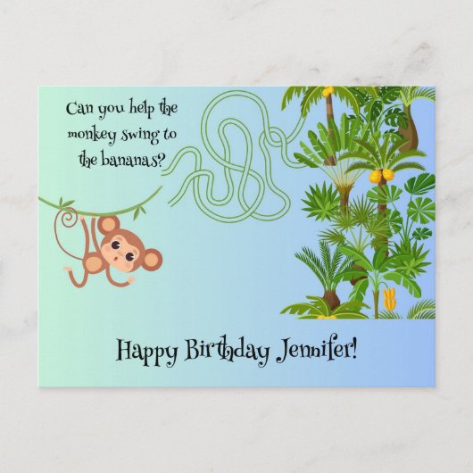 Aap en bananen doolhof verjaardags briefkaart (Voorkant)