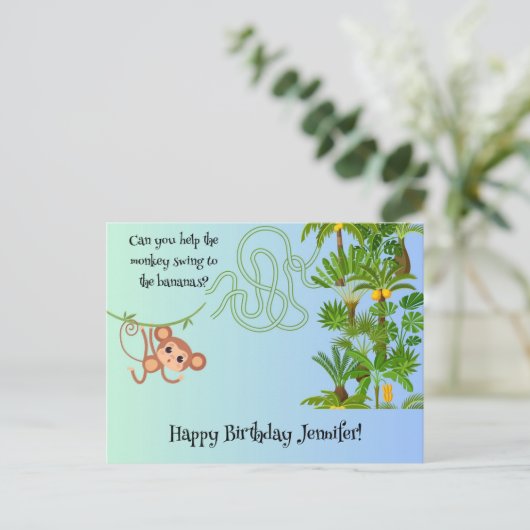 Aap en bananen doolhof verjaardagskaart briefkaart (Staand voorkant)