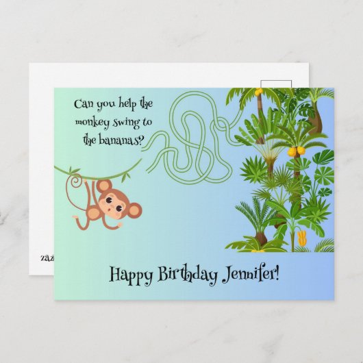 Aap en bananen doolhof verjaardagskaart briefkaart (Voorkant / Achterkant)