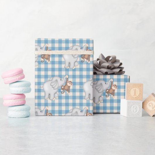 aap en olifant op gingham cadeaupapier (Baby Shower)