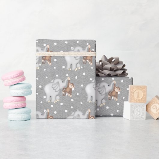 aap en olifant op pooldots cadeaupapier (Baby Shower)