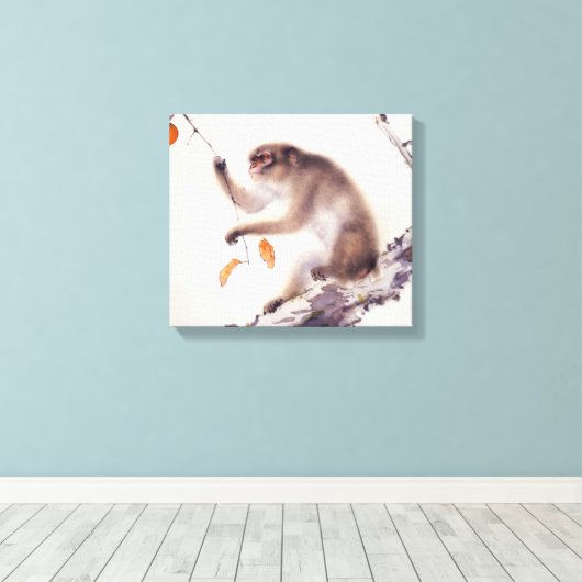 aap in een Persimmon-boom Canvas Afdruk (Insitu (Houten vloer))