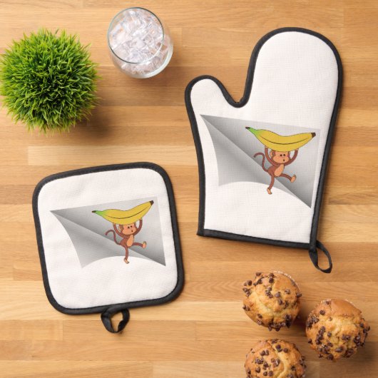 Aap met banaan onder de patch ovenwant & pannenlap set (Top down)
