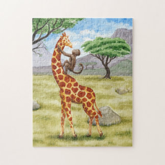 Aap op de rug van een giraffe safari landschap legpuzzel