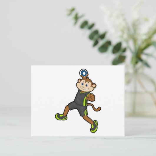 Aap op handbalspeler met handbal briefkaart (Staand voorkant)