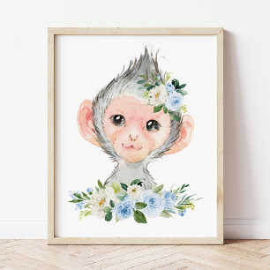 Aap, Safari, Jungle, Blauwe Bloemen, Jongens Nurse Poster