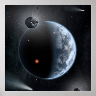 Aardachtige planeet met oceanen die zijn oppervlak poster