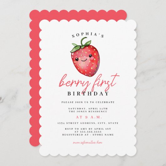 Aardbei 1e verjaardag Berry Eerste Kaart (Voorkant / Achterkant)