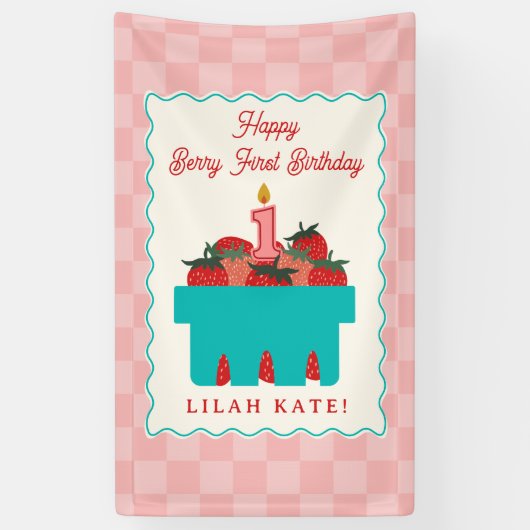 Aardbei 1e verjaardag Checker mand Spandoek (Verticaal)