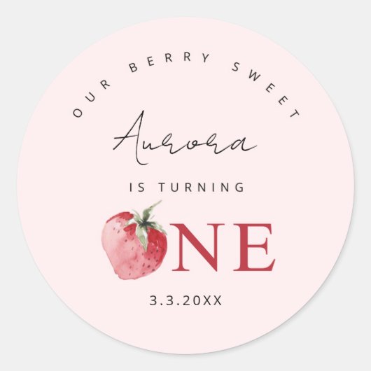 Aardbei 1e verjaardag sticker. Berry eerst Ronde Sticker (Voorkant)