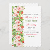 Aardbei 1e verjaardag uitnodiging (Voorkant / Achterkant)