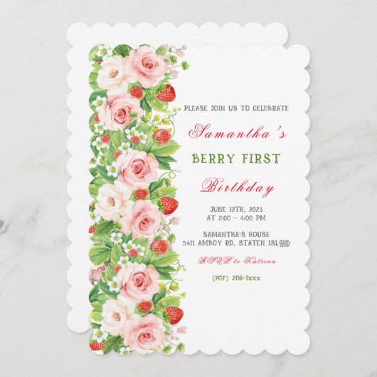 Aardbei 1e verjaardag uitnodiging (Voorkant / Achterkant)