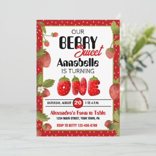 Aardbei 1e verjaardag uitnodiging (Staand voorkant)