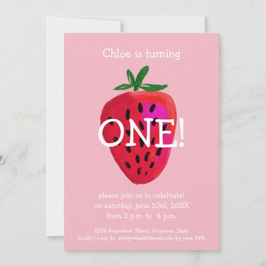 Aardbei 1e verjaardag uitnodiging (Voorkant)