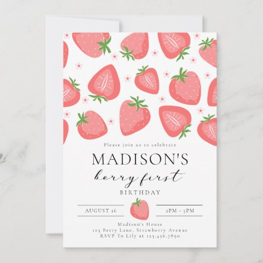 Aardbei 1e verjaardag Uitnodiging Berry First (Voorkant)