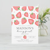 Aardbei 1e verjaardag Uitnodiging Berry First (Staand voorkant)