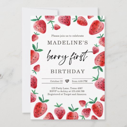 Aardbei 1e verjaardag Uitnodiging eerste Berry Swe (Voorkant)