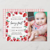 Aardbei 1e verjaardag Uitnodiging eerste Berry Swe (Voorkant / Achterkant)
