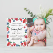 Aardbei 1e verjaardag Uitnodiging eerste Berry Swe (Staand voorkant)