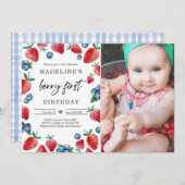 Aardbei 1e verjaardag Uitnodiging eerste Berry Swe (Voorkant / Achterkant)