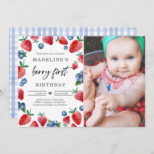 Aardbei 1e verjaardag Uitnodiging eerste Berry Swe (Voorkant / Achterkant)