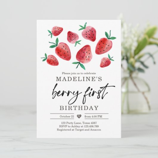 Aardbei 1e verjaardag Uitnodiging eerste Berry Swe (Staand voorkant)