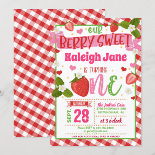 Aardbei 1e verjaardag uitnodiging - ONE Gingham