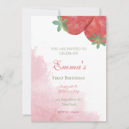 Aardbei 1e verjaardag uitnodigingen met foto.