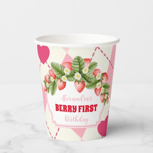 Aardbei 1e verjaardag van Berry First Papieren Bekers (Achterkant)