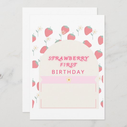 Aardbei 1e Verjaardagsfeest Eerste Uitnodiging (Voorkant / Achterkant)