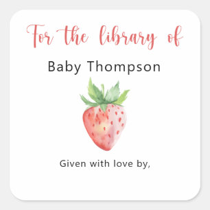 Aardbei - Baby Shower boekplaat, boeken voor baby Vierkante Sticker