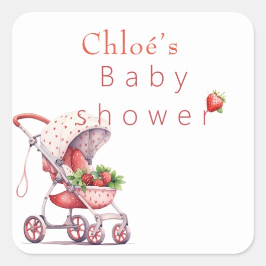 Aardbei baby shower vierkante sticker (Voorkant)