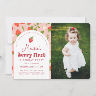 Aardbei Berry Eerste Foto Verjaardagsfeest Kaart