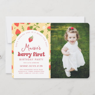 Aardbei Berry Eerste Foto Verjaardagsfeest Kaart