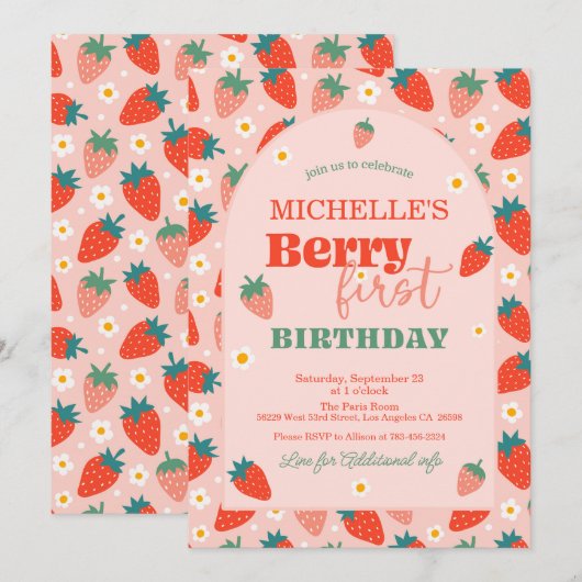 Aardbei Berry First 1e Birthday Invitation Kaart (Voorkant / Achterkant)