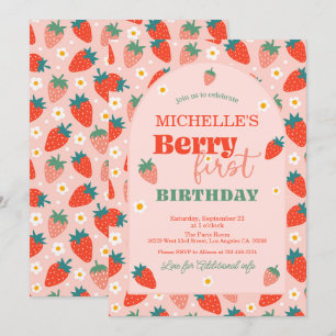 Aardbei Berry First 1e Birthday Invitation Kaart