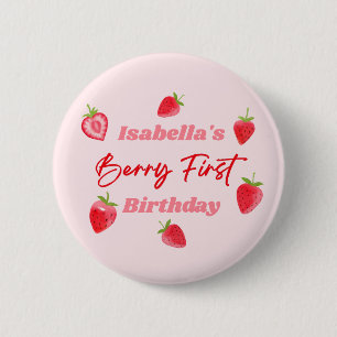 Aardbei Berry First Birthday Red en Roze Ronde Button 5,7 Cm