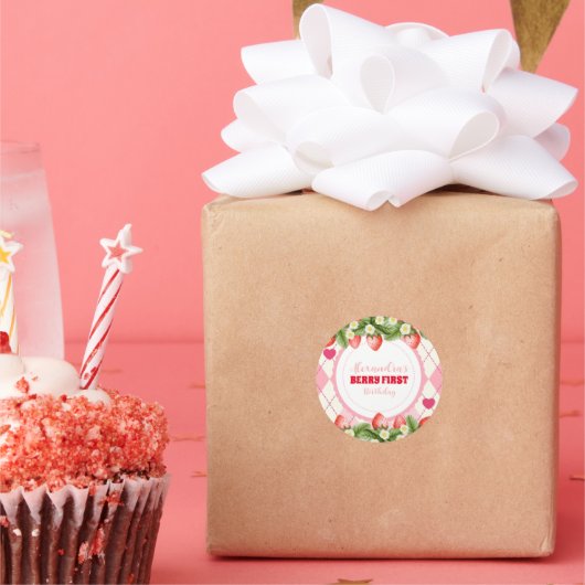 Aardbei Berry First Birthday Ronde Sticker (Feest)