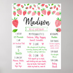 Aardbei Berry Sweet First Birthday Milestone Poster