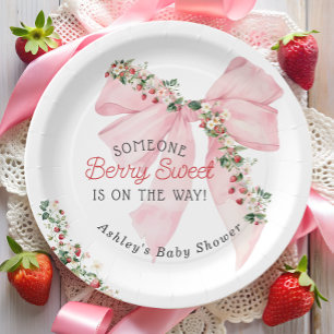 Aardbei Berry Sweet Pink Bow Baby shower Papieren Bordje