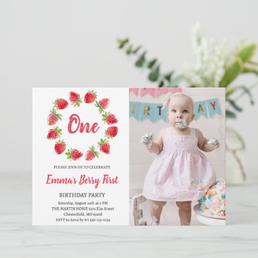 Aardbei Bes Eerste 1e Verjaardagsfoto Kaart (Staand voorkant)