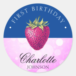 Aardbei Birthday Party Girl Pink and Dark Blue Ronde Sticker