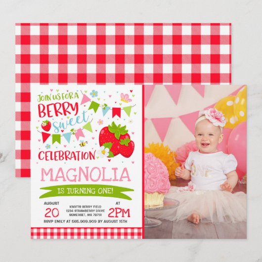 Aardbei Birthday Uitnodiging Berry Sweet Party (Voorkant / Achterkant)