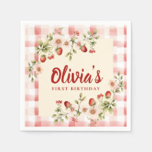 Aardbei Bloemen Gingham Eerste Verjaardag