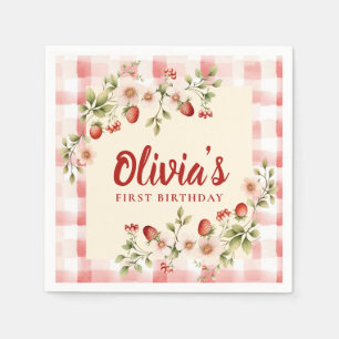 Aardbei Bloemen Gingham Eerste Verjaardag Servet