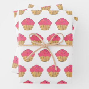 Aardbei Cupcake Faux borduurwerk Print Inpakpapier Vel