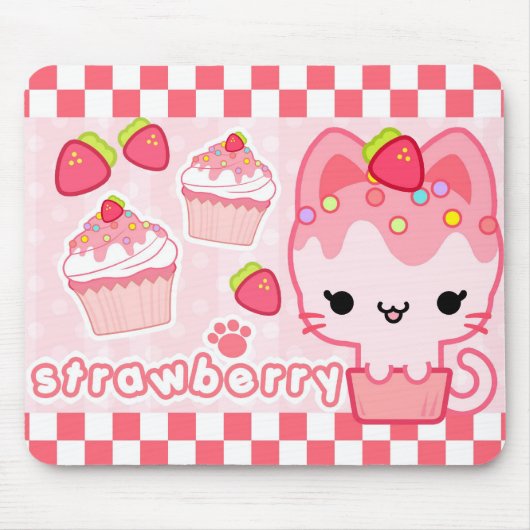 Aardbei Cupcake Kat Mousepad Muismat (Voorkant)