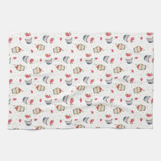 Aardbei Cupcake Keuken Handdoek – Schattige Kleurr (Horizontaal)