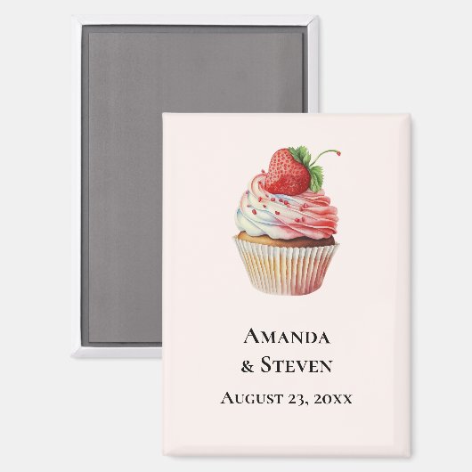 Aardbei Cupcake Sweet Wedding Save the Date Magneet (Voorkant / Achterkant)