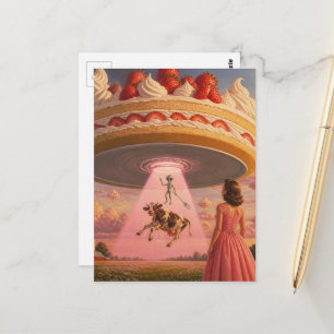 Aardbei Dessert UFO Koe en Buitenaardse Vrouw in R Briefkaart